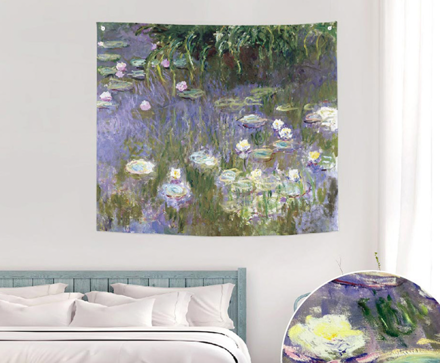 A vibrant fabric poster of Monet's Water Lilies, showcasing colorful water lilies on a serene pond.