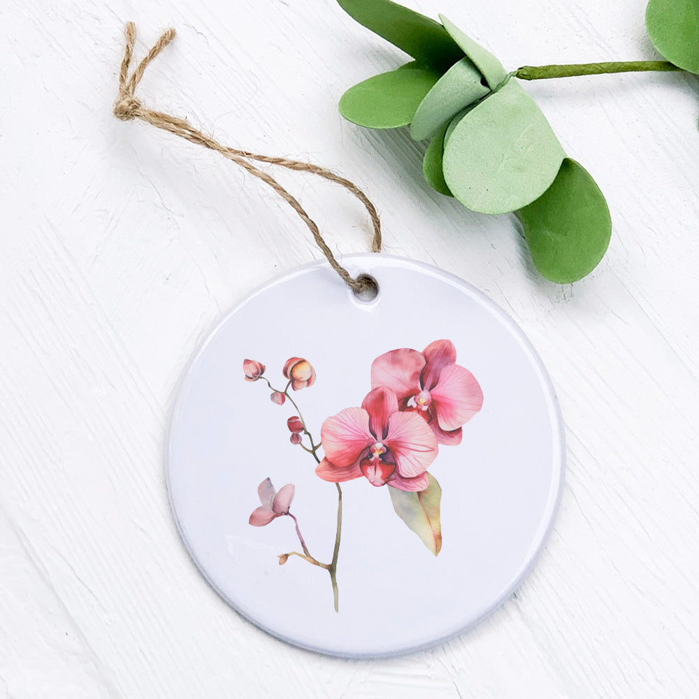 A beautiful Watercolor Pink Orchid ornament made of high-quality porcelain, featuring a vibrant pink orchid design on a smooth, glossy surface.