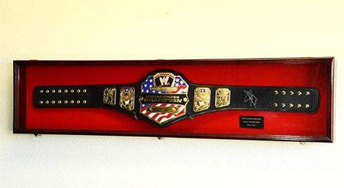 Adult size WWE wrestling championship belt display case with hinged acrylic door and beech hardwood frame.
