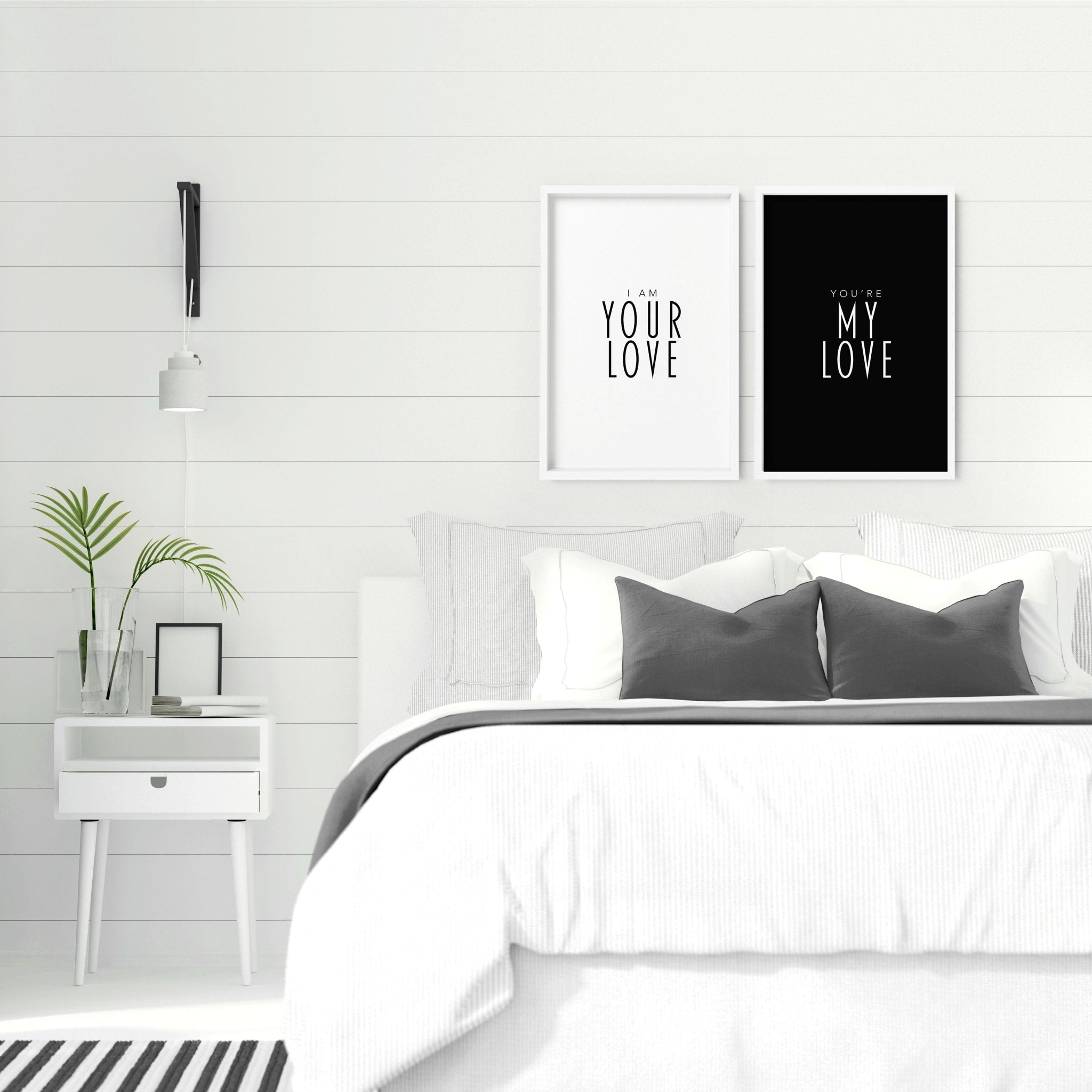 Set of 2 elegant wall art prints featuring a romantic quote in black and white, perfect for bedroom decor.