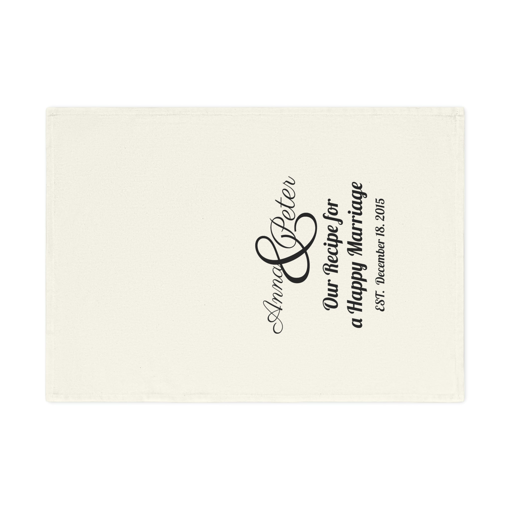 Personalised cotton tea towel featuring custom design, perfect for wedding gifts.