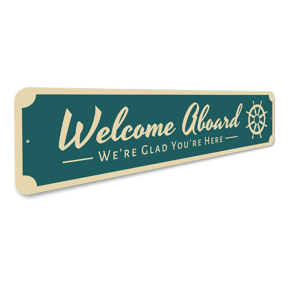 A decorative Welcome Aboard Sign made of high-quality aluminum, featuring a beach-themed design, perfect for coastal decor.