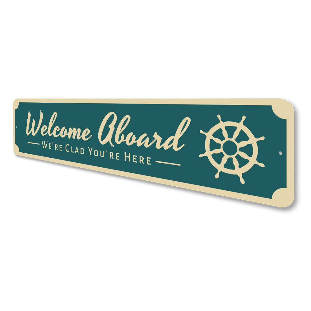 A decorative Welcome Aboard Sign made of high-quality aluminum, featuring a beach-themed design, perfect for coastal decor.