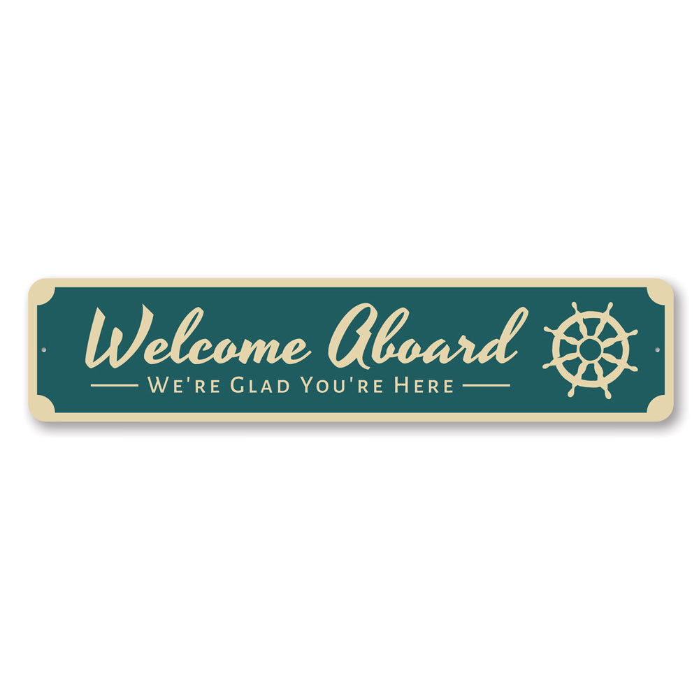 A decorative Welcome Aboard Sign made of high-quality aluminum, featuring a beach-themed design, perfect for coastal decor.