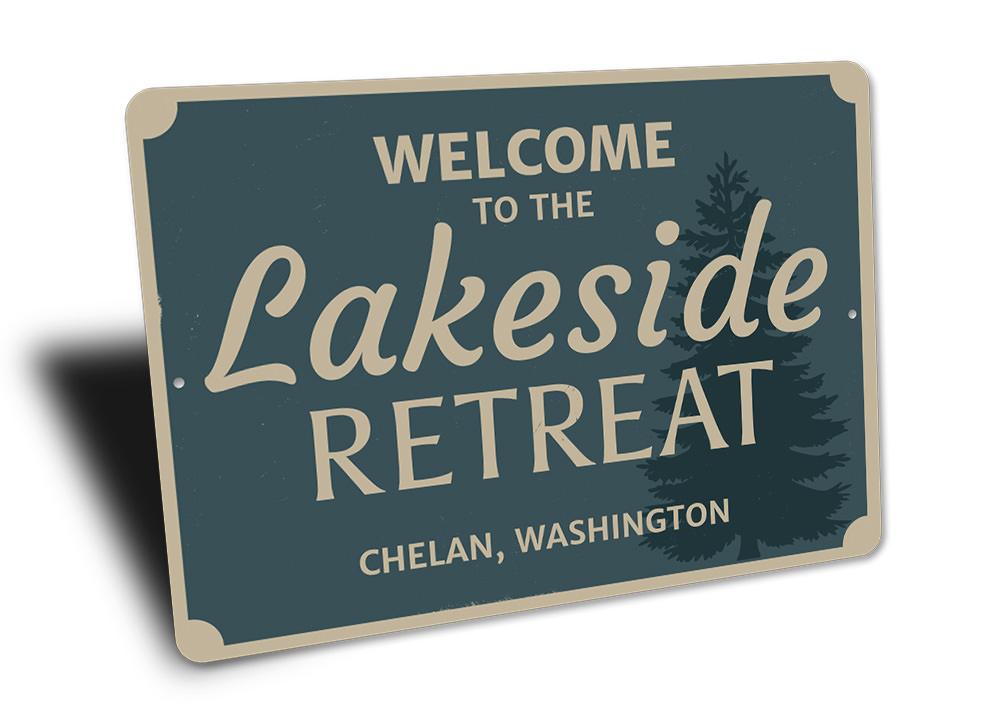 A beautifully crafted Welcome Lakeside Retreat Sign made of durable aluminum, featuring customizable text and pre-drilled holes for easy mounting.