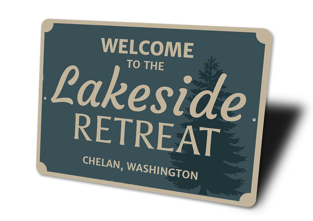 A beautifully crafted Welcome Lakeside Retreat Sign made of durable aluminum, featuring customizable text and pre-drilled holes for easy mounting.