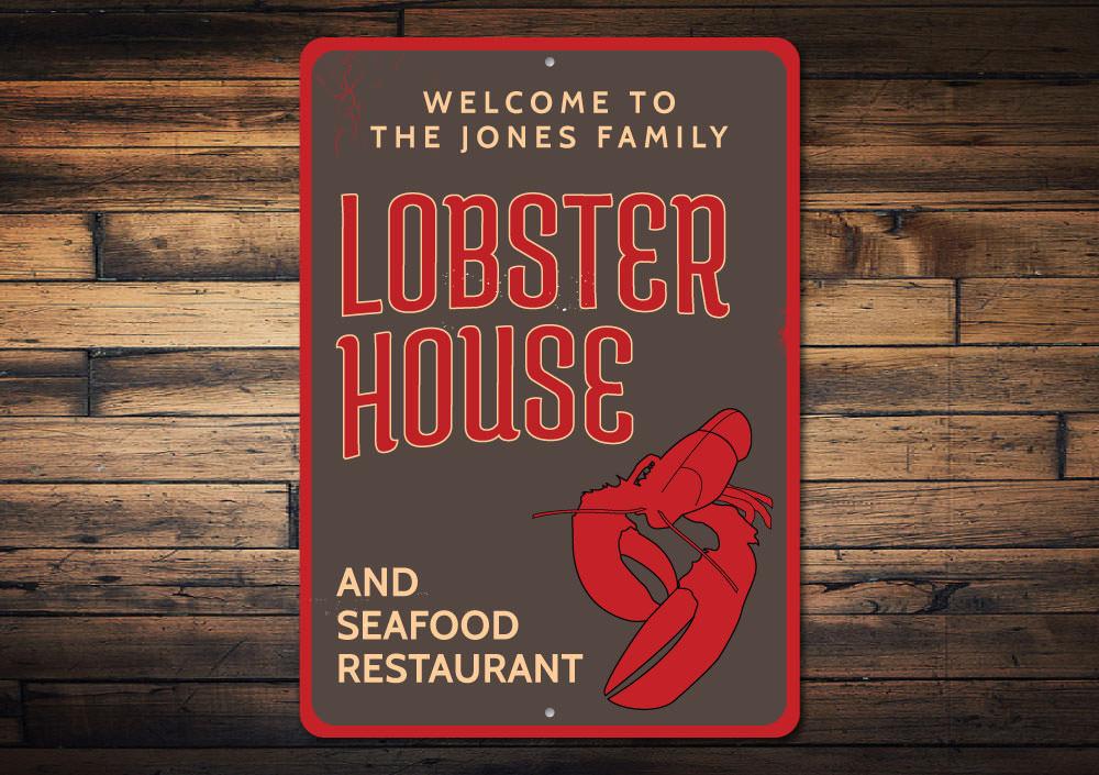 Welcome Lobster House Sign made of high-quality aluminum, featuring a coastal design perfect for beach houses and seafood restaurants.