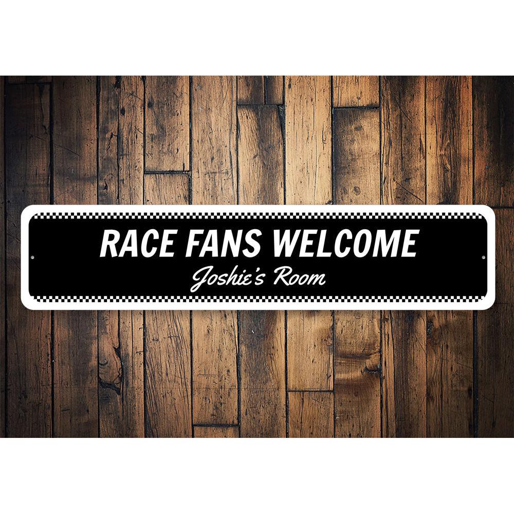 A vibrant Welcome Race Fans Sign made of high-quality aluminum, featuring racing-themed graphics, perfect for decorating a kid's room or garage.
