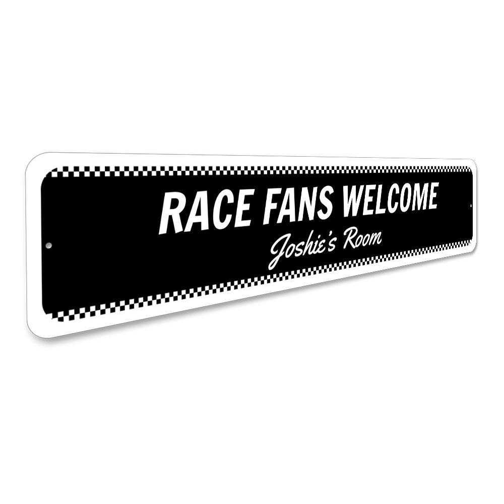 A vibrant Welcome Race Fans Sign made of high-quality aluminum, featuring racing-themed graphics, perfect for decorating a kid's room or garage.