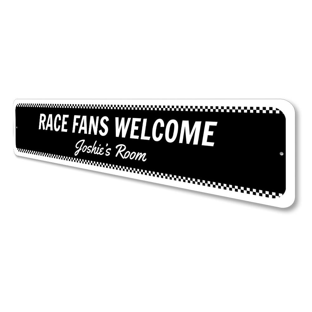 A vibrant Welcome Race Fans Sign made of high-quality aluminum, featuring racing-themed graphics, perfect for decorating a kid's room or garage.