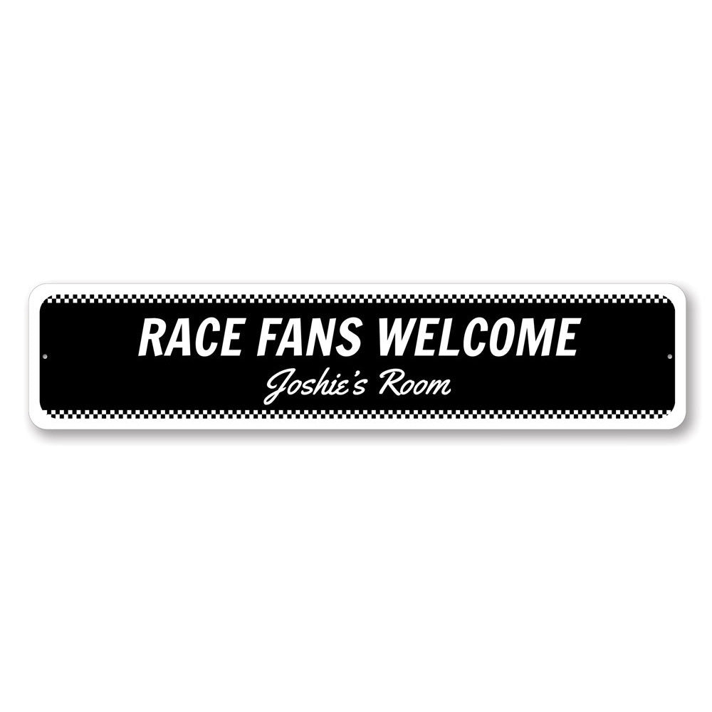 A vibrant Welcome Race Fans Sign made of high-quality aluminum, featuring racing-themed graphics, perfect for decorating a kid's room or garage.