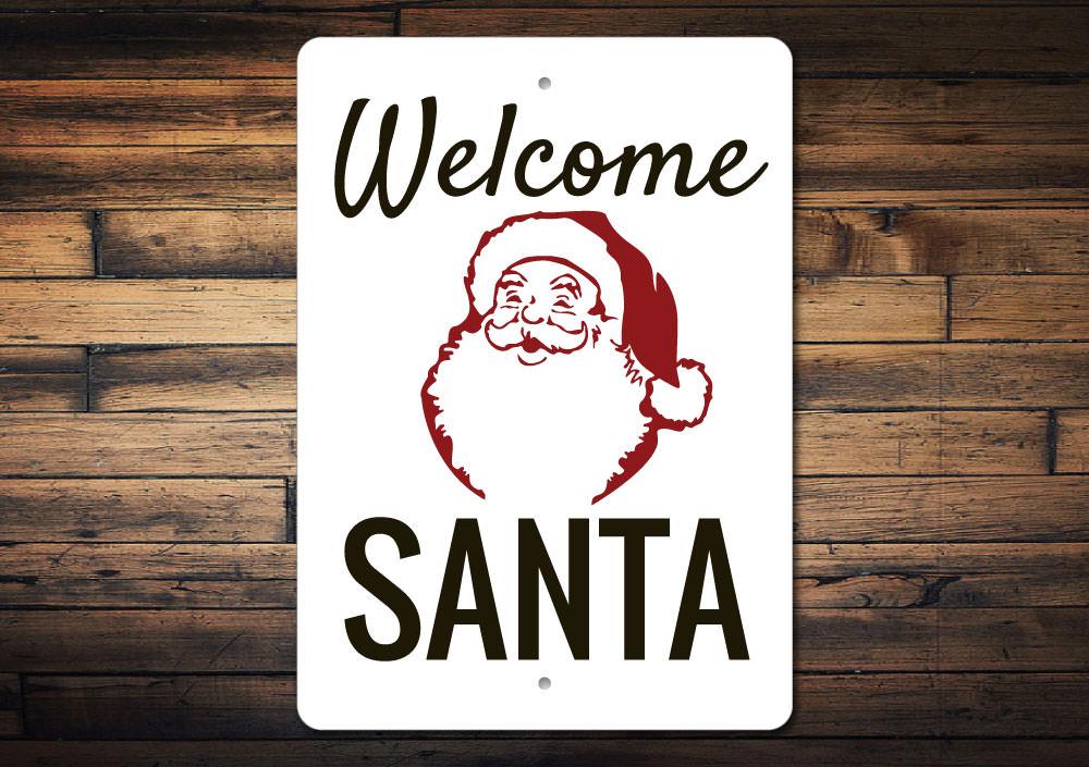 A festive Welcome Santa Sign made of high-quality aluminum, featuring vibrant colors and a charming design perfect for Christmas decorations.
