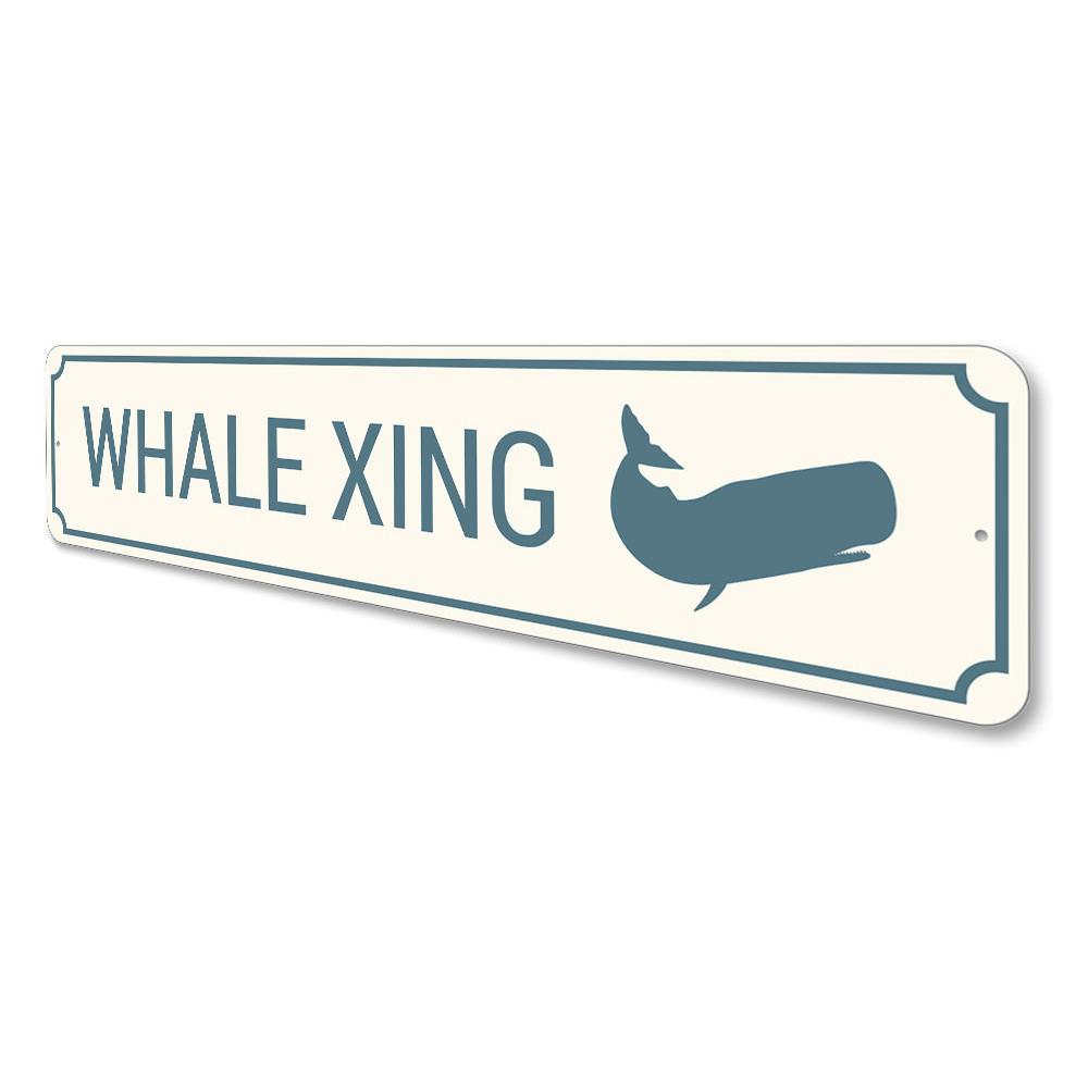 A decorative Whale Crossing Sign made of aluminum, featuring a vibrant design suitable for coastal decor.