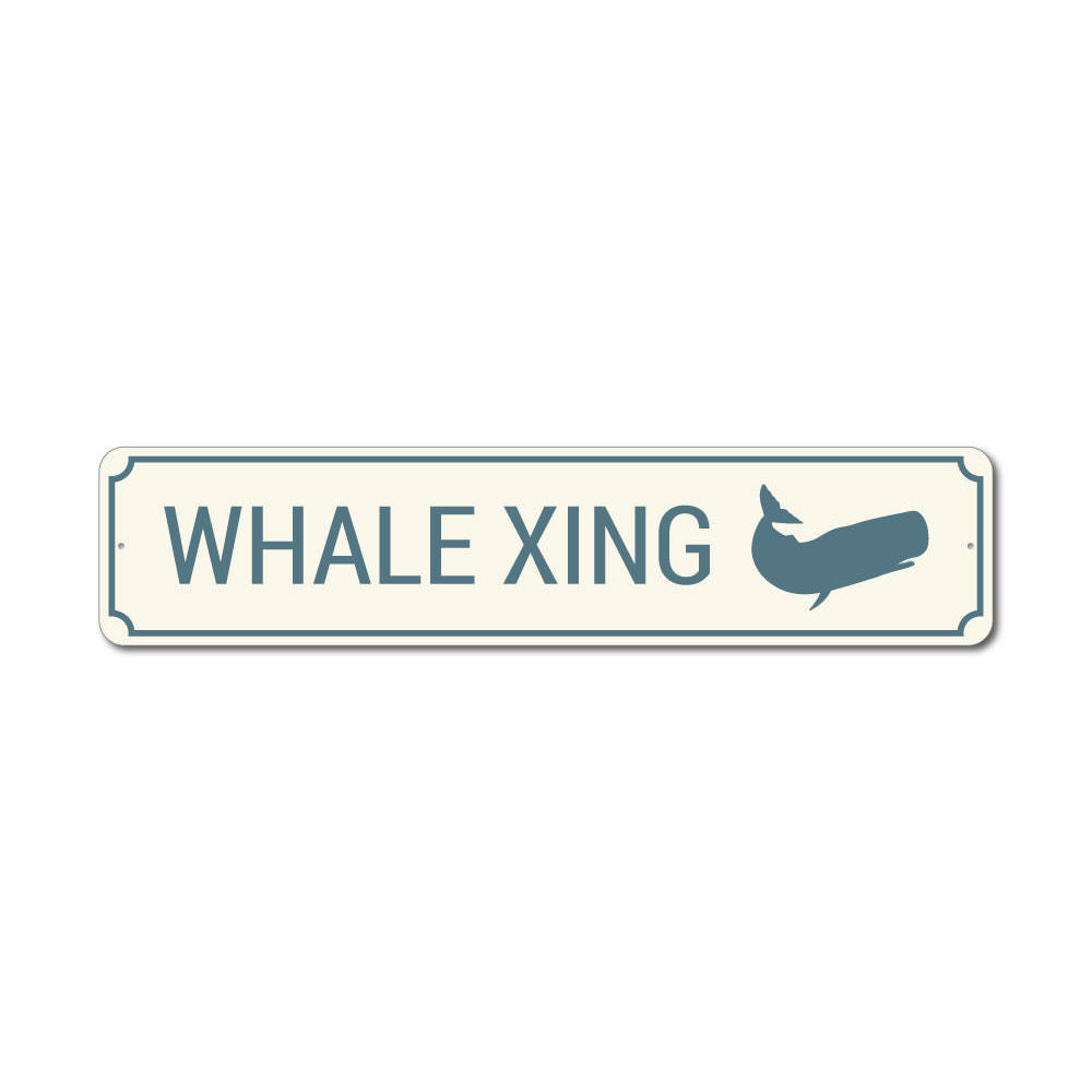 A decorative Whale Crossing Sign made of aluminum, featuring a vibrant design suitable for coastal decor.
