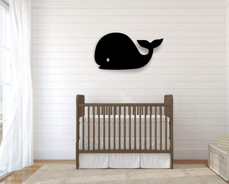 Whale Metal Wall Art featuring a charming whale design, crafted from durable 14 gauge steel with a low gloss powder-coated finish.