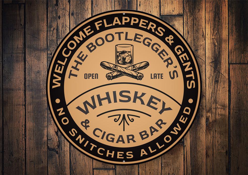 A decorative Whiskey and Cigar Sign made of high-quality aluminum, featuring a stylish design perfect for man caves and home bars.