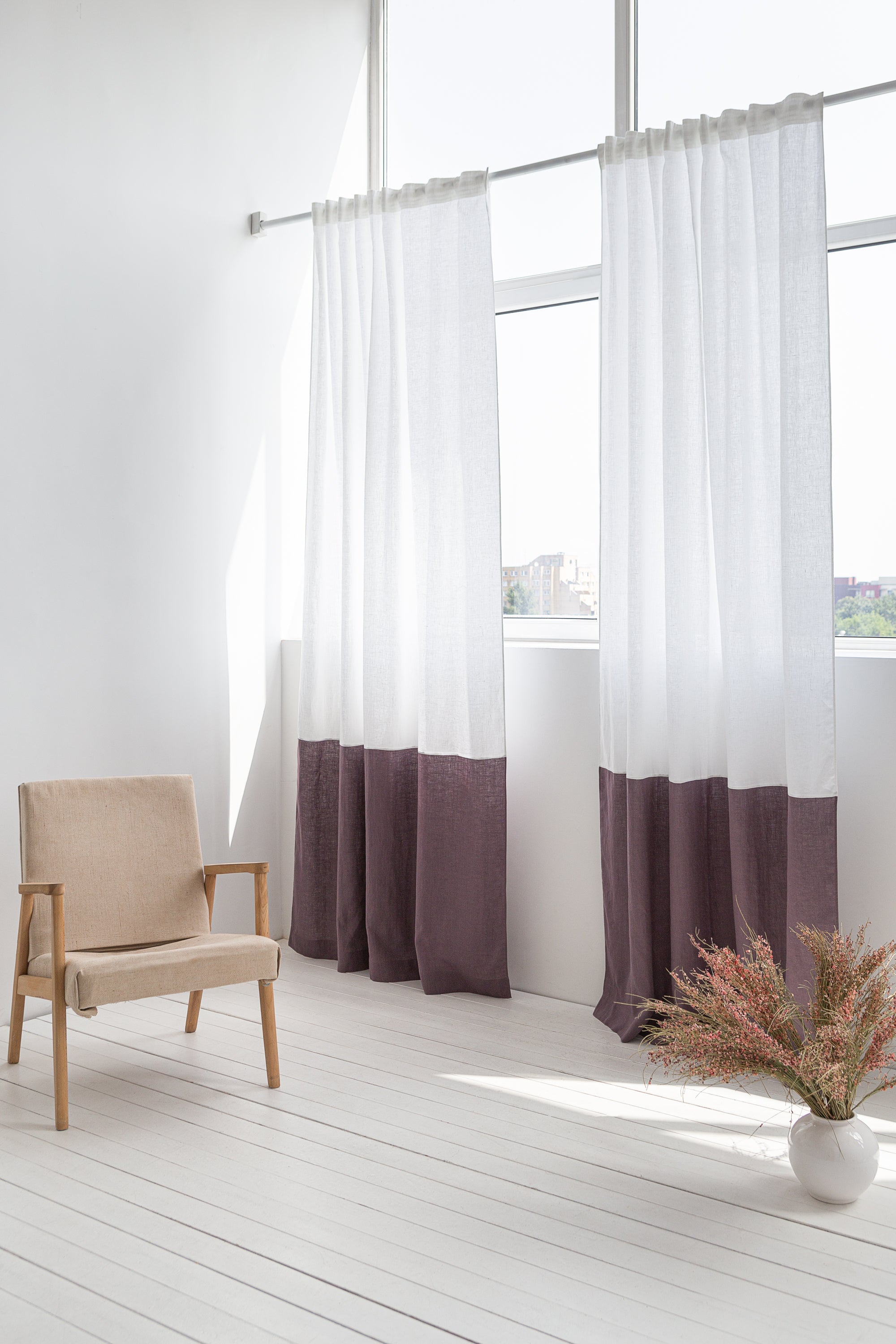 Elegant White and Pastel Plum linen curtains with multifunctional tape heading, showcasing a semi-sheer design and two-tone color scheme.