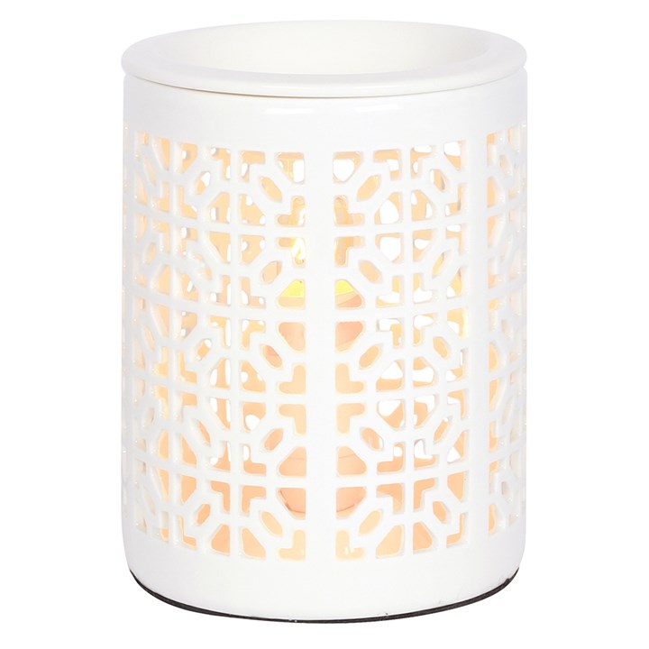 Elegant white ceramic electric oil and wax burner with imperial trellis pattern, showcasing its stylish design and functionality.