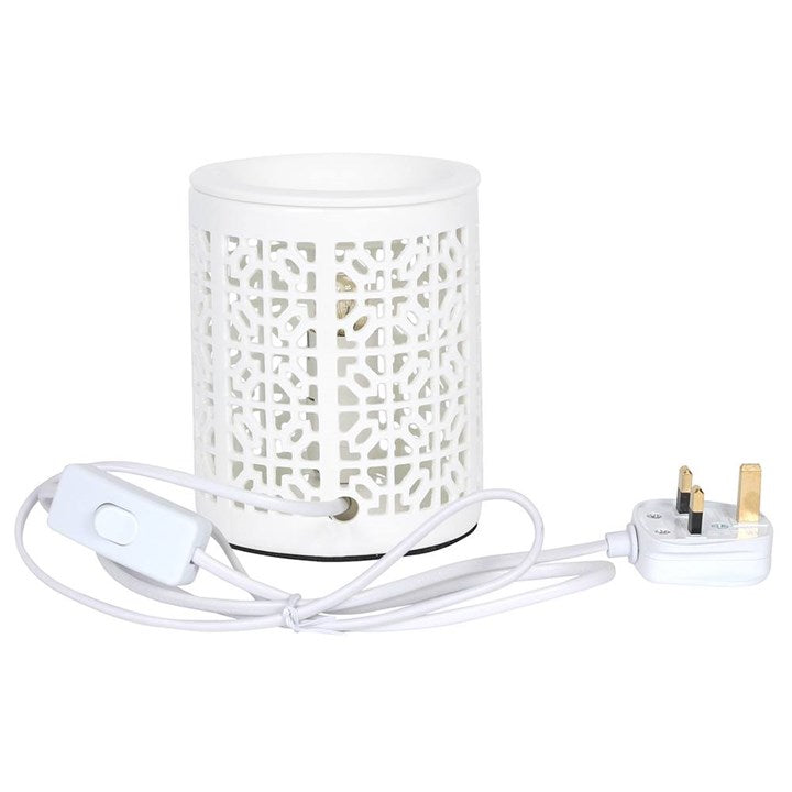 Elegant white ceramic electric oil and wax burner with imperial trellis pattern, showcasing its stylish design and functionality.