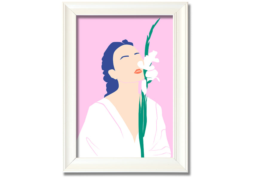 A beautifully framed print of white flowers, showcasing elegance and sophistication, ready to hang.