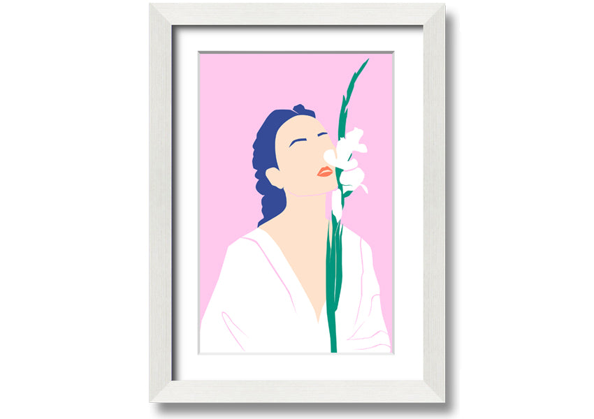 A beautifully framed print of white flowers, showcasing elegance and sophistication, ready to hang.