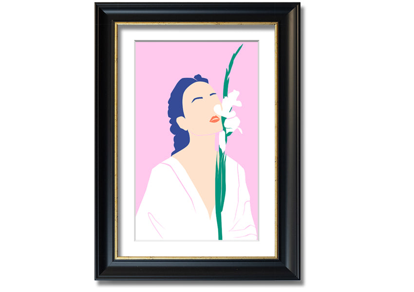 A beautifully framed print of white flowers, showcasing elegance and sophistication, ready to hang.