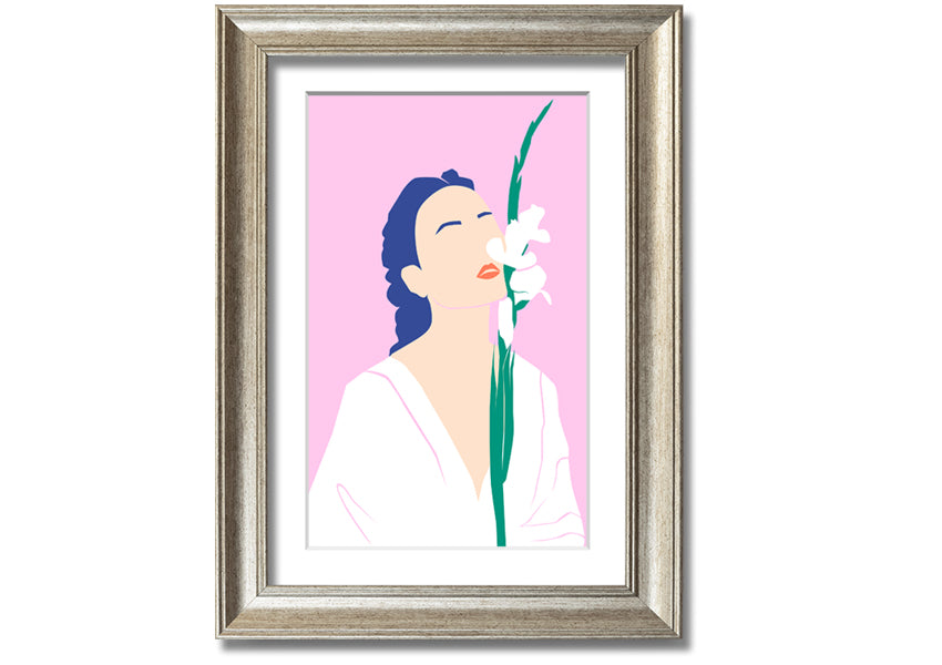 A beautifully framed print of white flowers, showcasing elegance and sophistication, ready to hang.