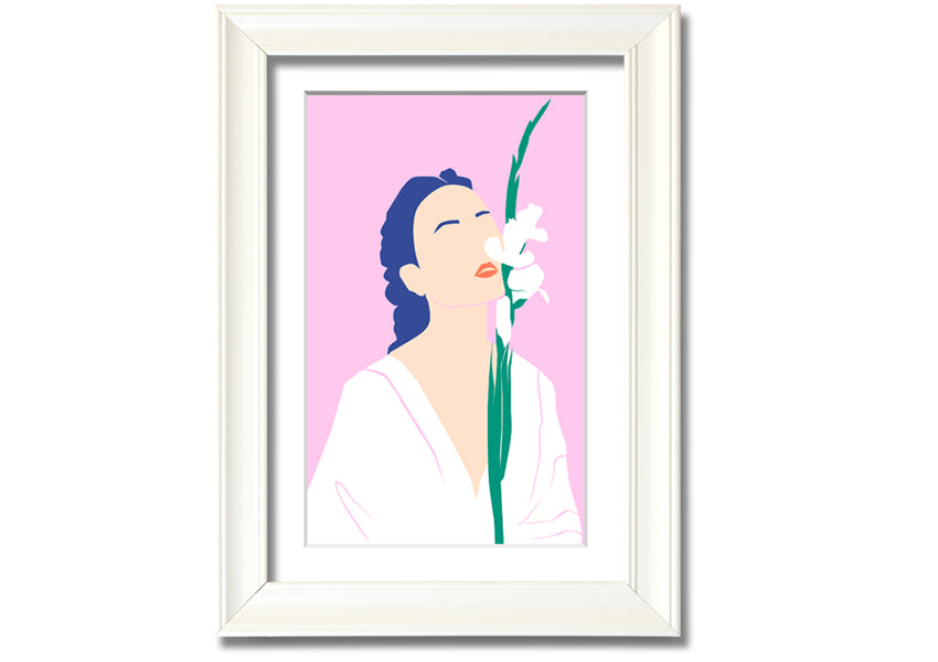 A beautifully framed print of white flowers, showcasing elegance and sophistication, ready to hang.