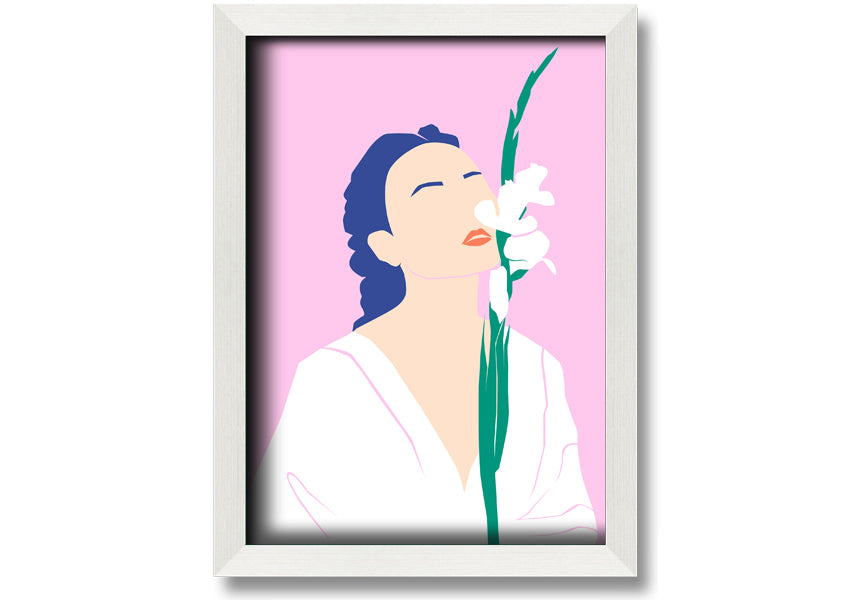 A beautifully framed print of white flowers, showcasing elegance and sophistication, ready to hang.