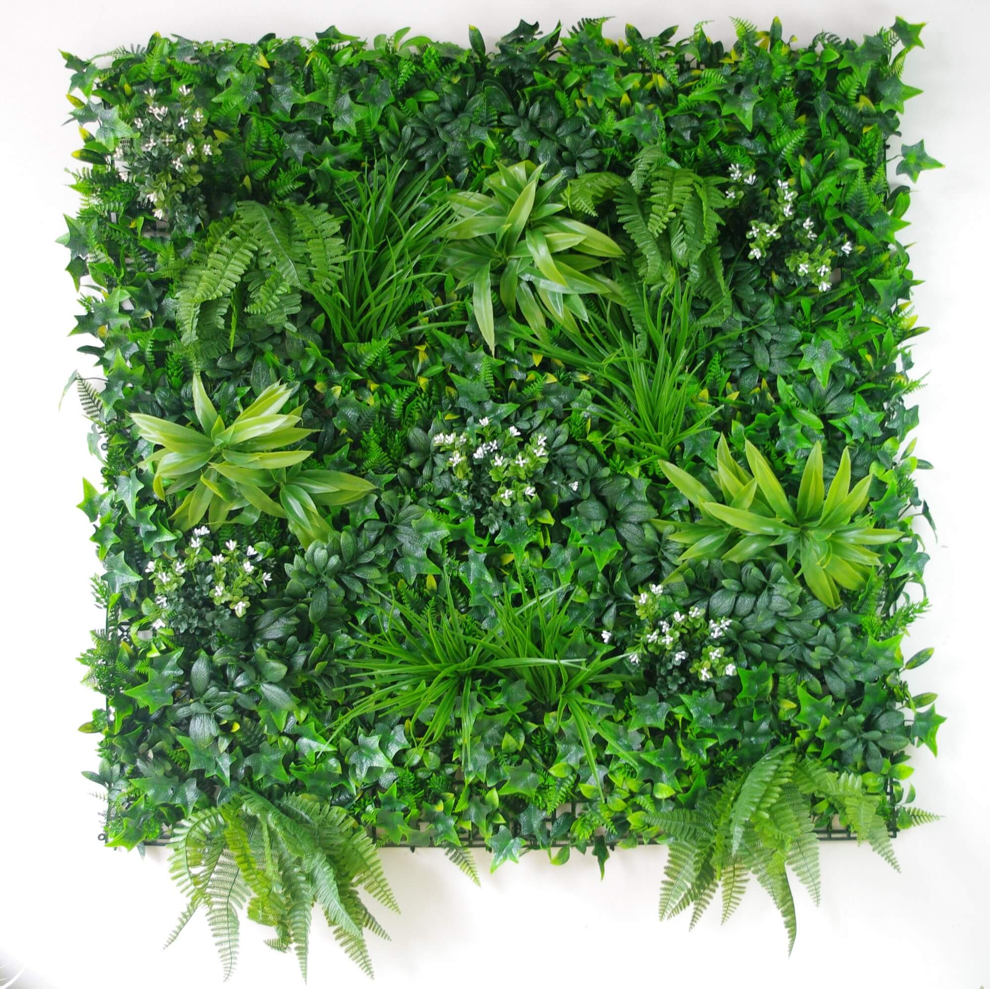 A 1m x 1m White Flowering Boxwood Artificial Vertical Garden Panel featuring lush greenery and customizable flower placements.