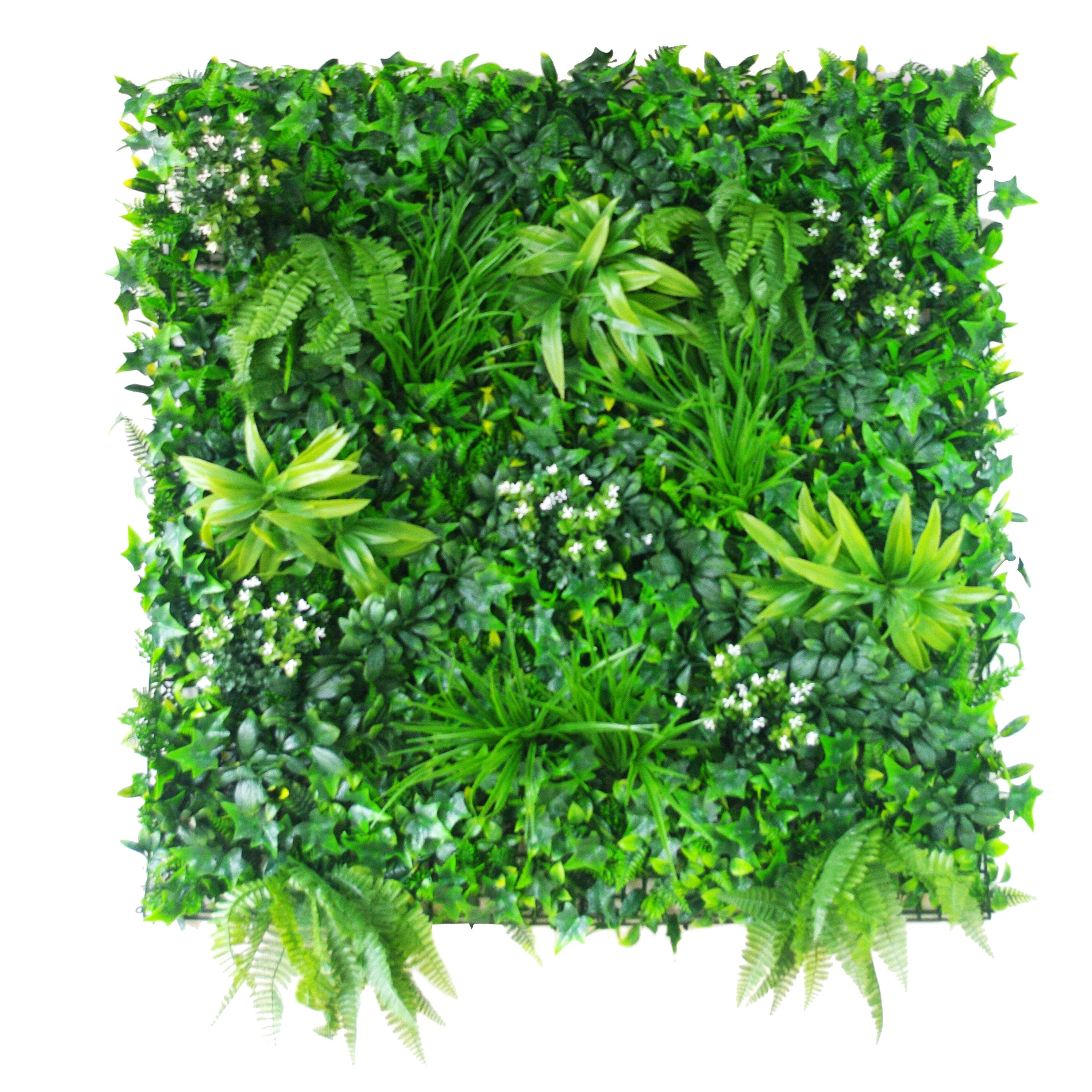 A 25cm x 25cm sample panel of White Flowering Boxwood Artificial Vertical Garden, featuring lush greenery and vibrant white flowers.