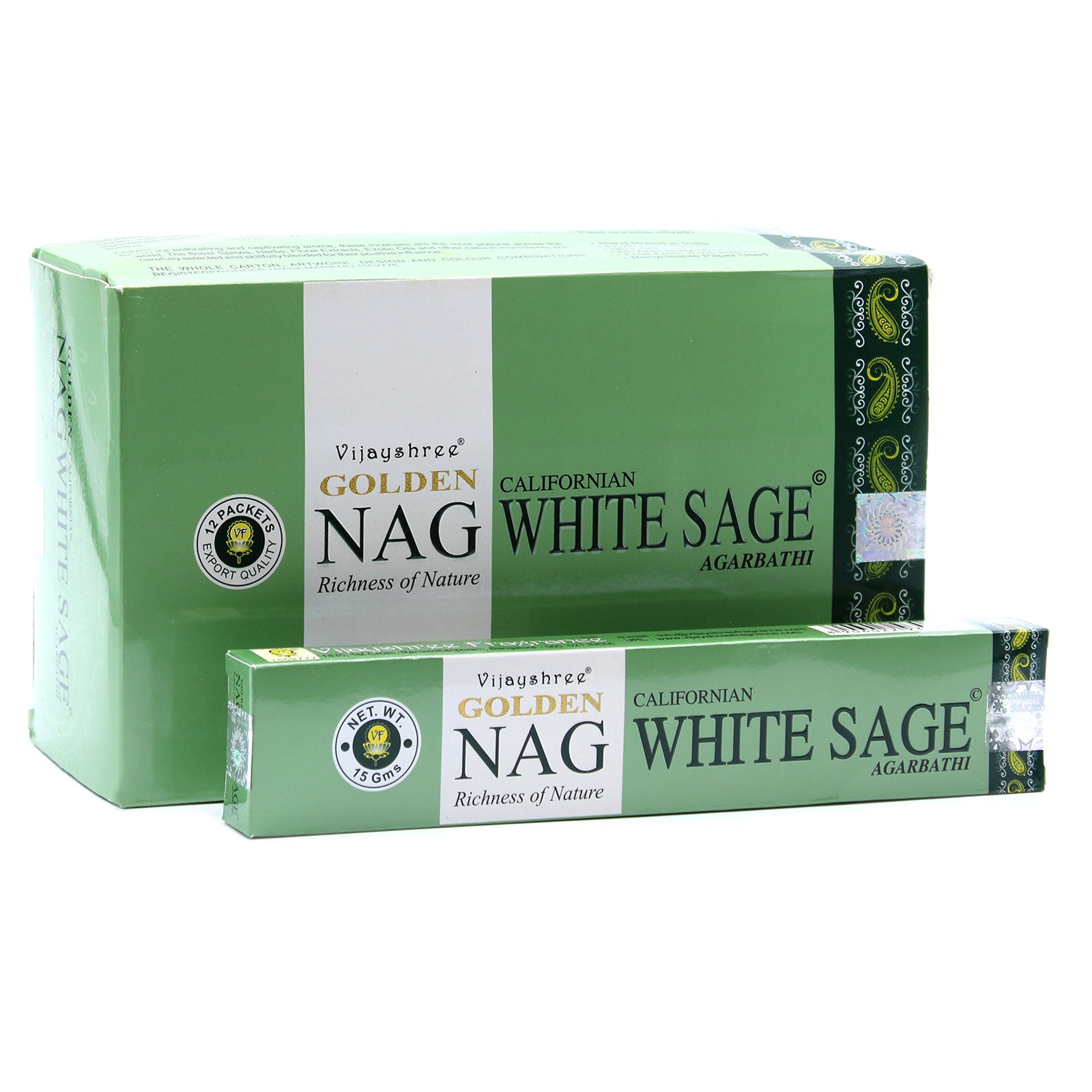 A pack of White Sage Golden Nag incense sticks, featuring hand-rolled sticks with a calming aroma, ideal for meditation and relaxation.