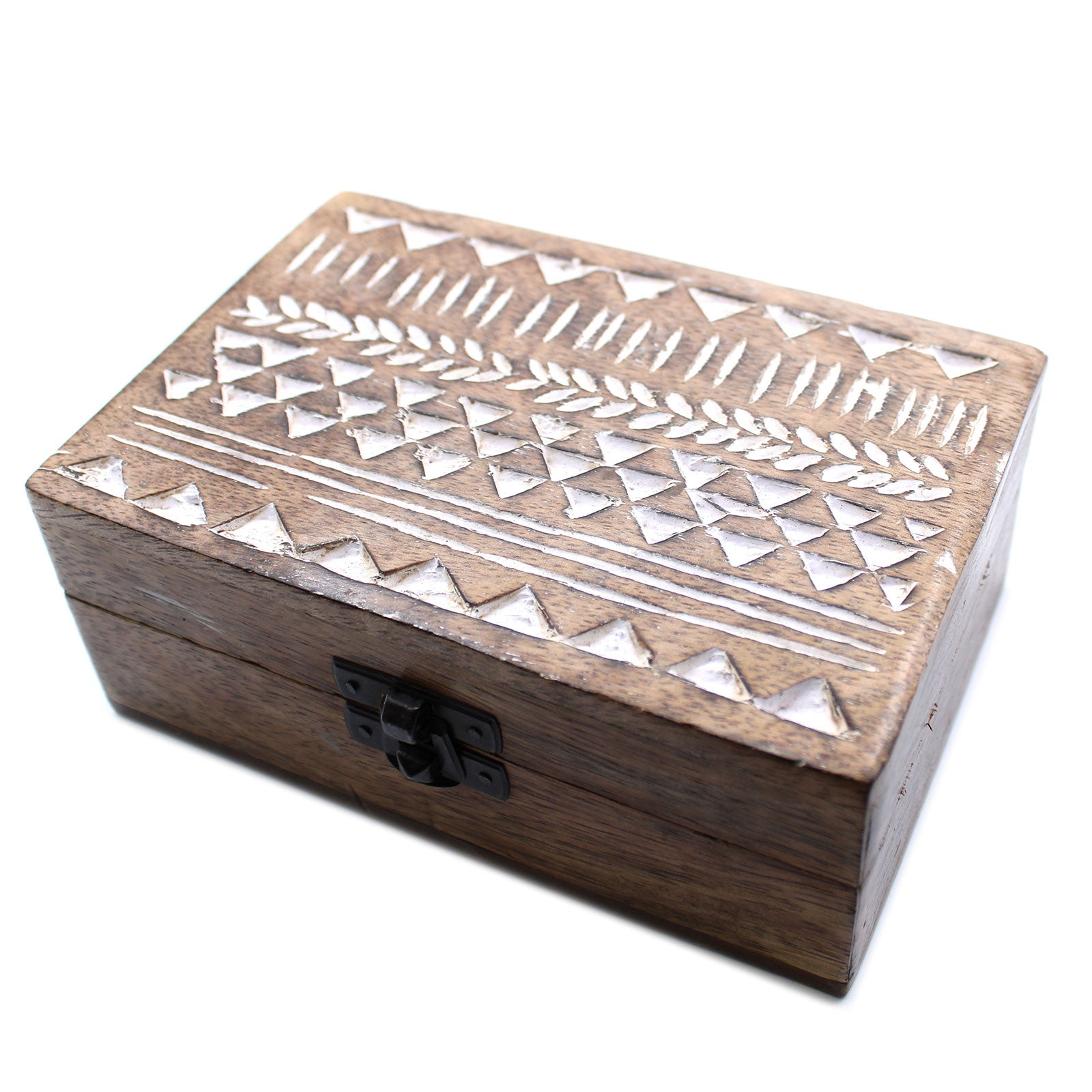 A beautifully handcrafted white washed wooden box with intricate Aztec design, showcasing rich mango wood grain.
