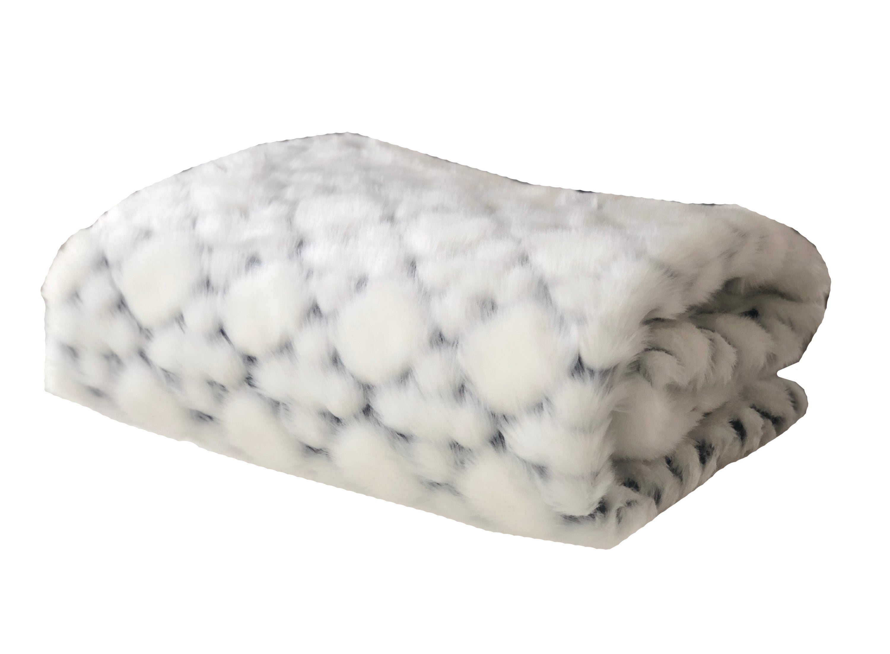 A luxurious white faux fur throw with black shades, showcasing its plush texture and elegant design, perfect for cozying up in style.