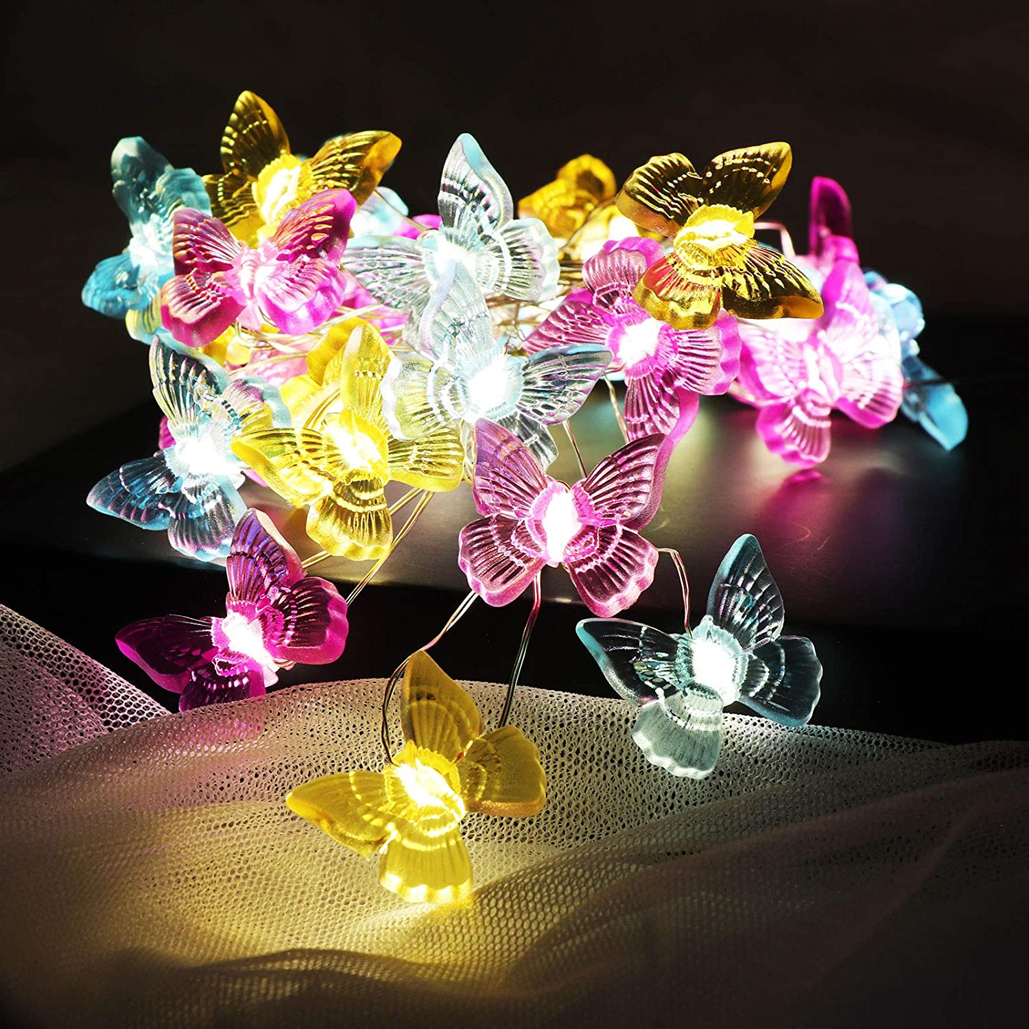 Colorful Butterfly LED String Lights with 30 LEDs on copper wire, showcasing pink, yellow, and blue butterflies for festive decoration.