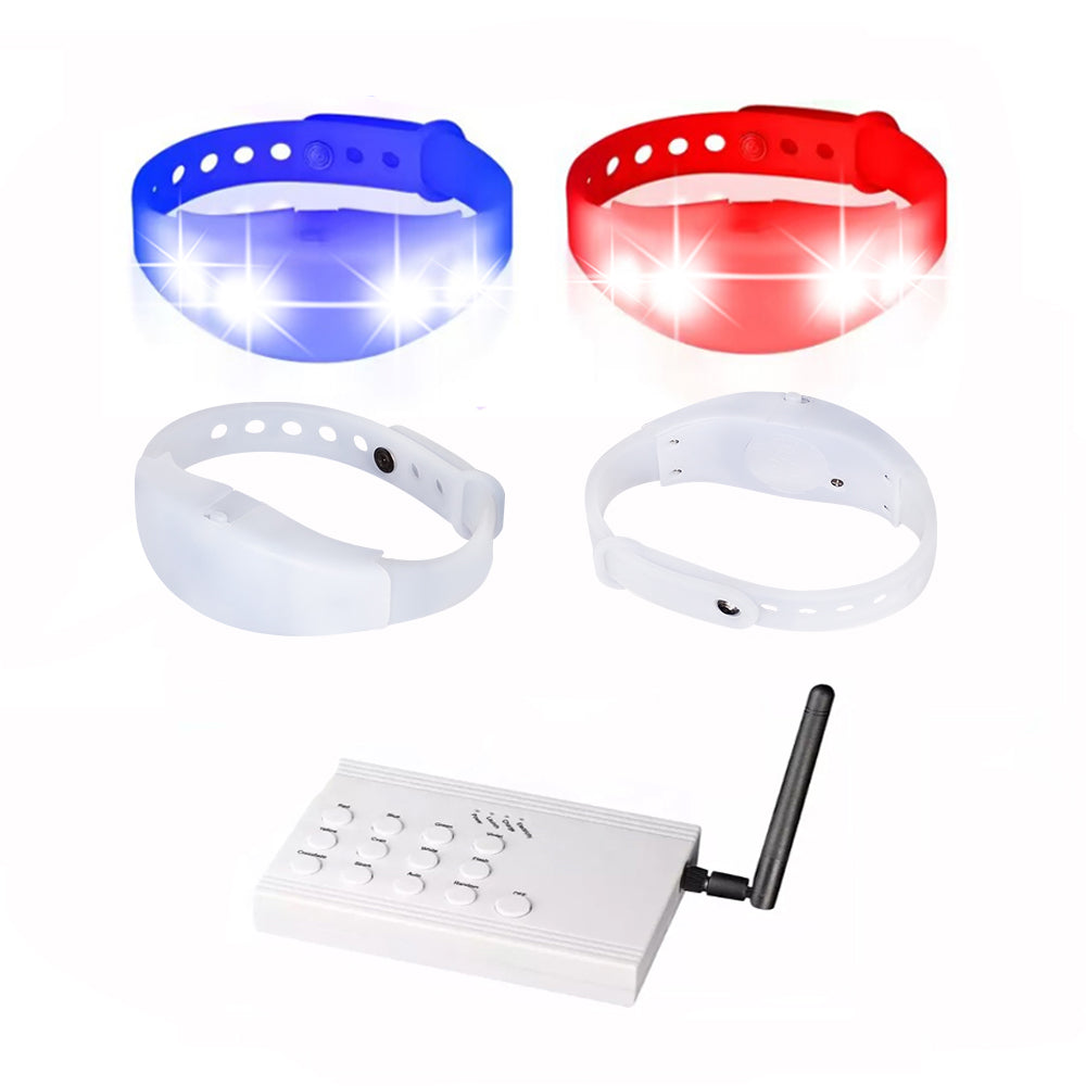 Wholesale GFB004 Remote Control Adjustable Wristband LED Bracelets in various colors, showcasing their vibrant LED lights and adjustable silicone design.