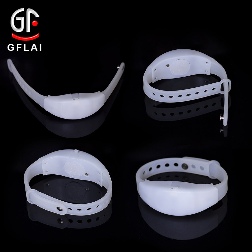 Wholesale GFB004 Remote Control Adjustable Wristband LED Bracelets in various colors, showcasing their vibrant LED lights and adjustable silicone design.