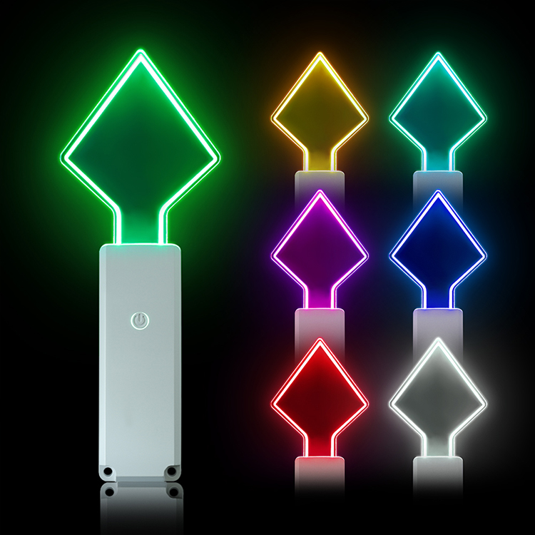A vibrant display of LED lightsticks in various colors, showcasing their acrylic design and remote control functionality.