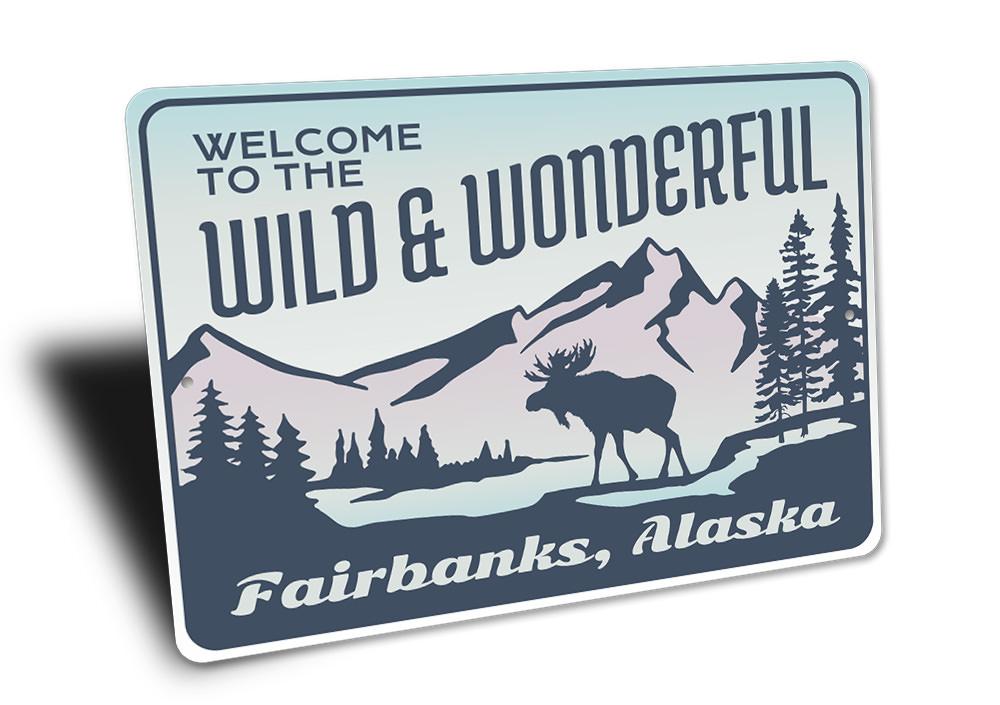 Wild and Wonderful Alaska Sign made of high-quality aluminum, featuring vibrant colors and a decorative design, perfect for home decor.