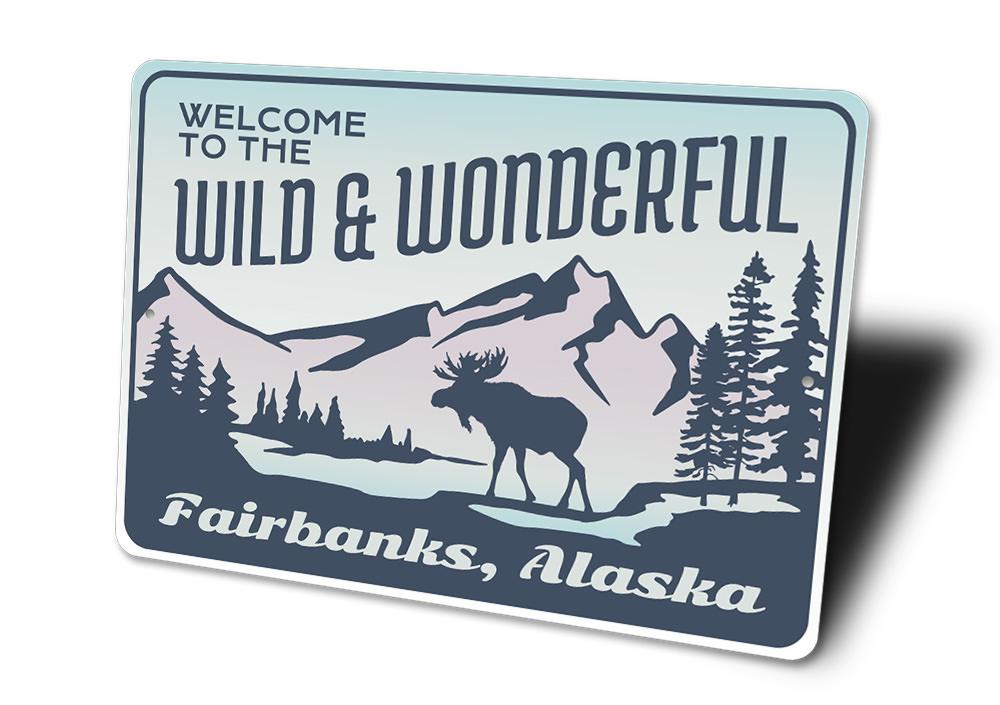 Wild and Wonderful Alaska Sign made of high-quality aluminum, featuring vibrant colors and a decorative design, perfect for home decor.
