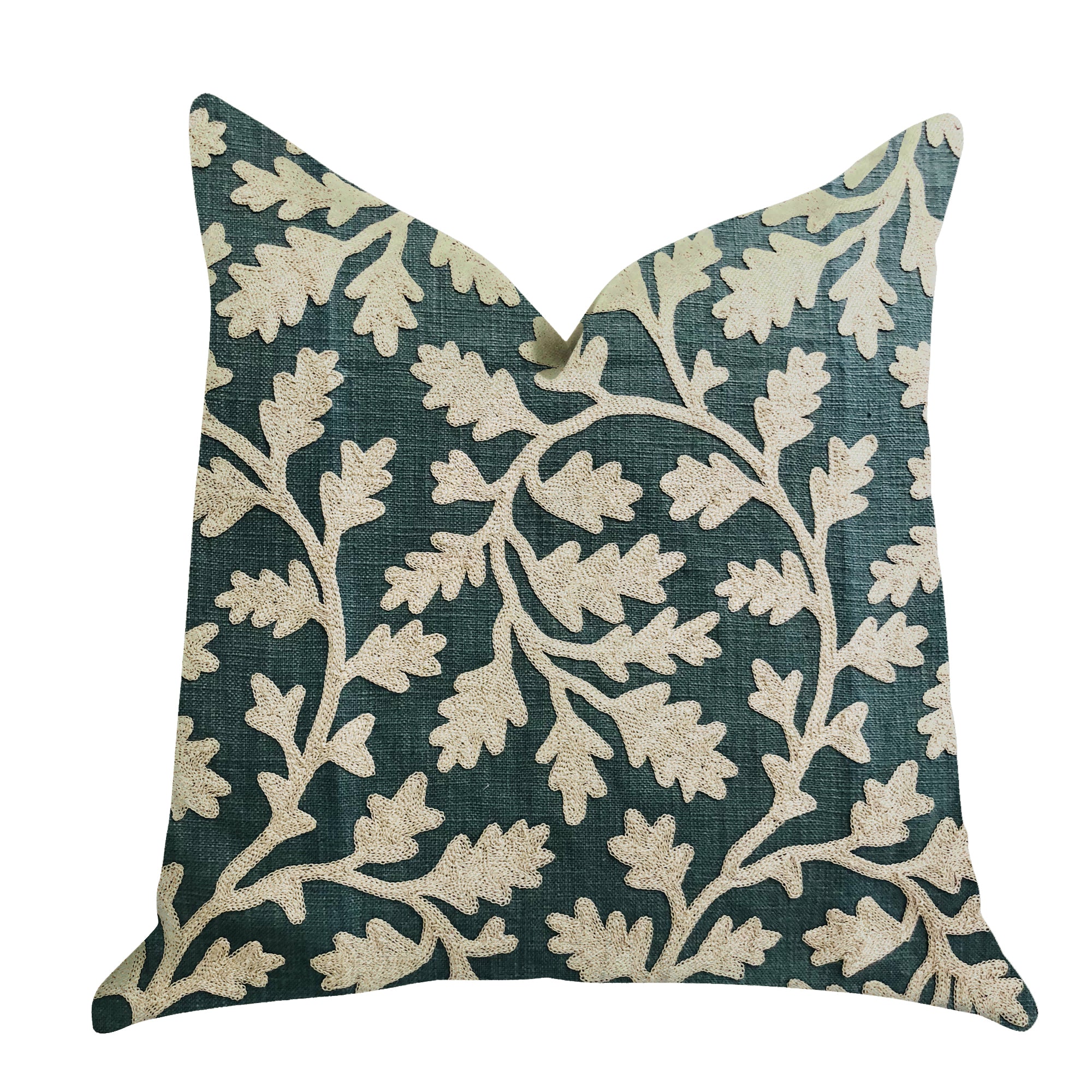 Wild Emerald Figleaf in Green Luxury Throw Pillow showcasing vibrant green figleaf design with beige accents, featuring a double-sided look and invisible zipper.