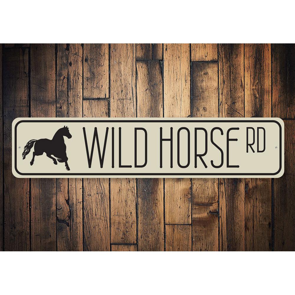 Wild Horse Road Sign made of durable aluminum, featuring a rustic design perfect for lakehouses and cabins.