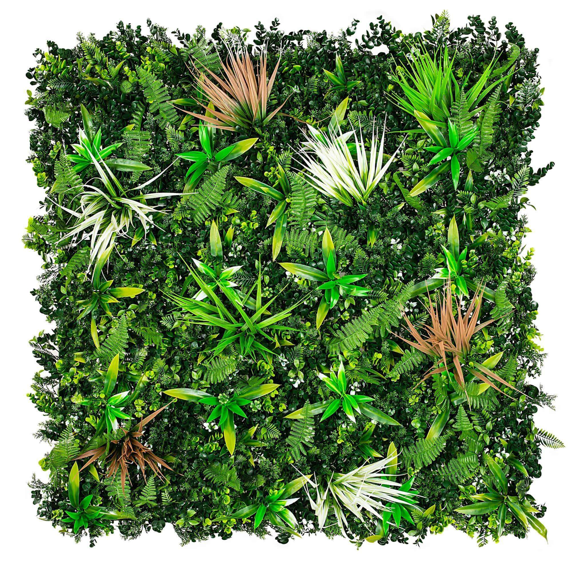 Wild Tropics Artificial Vertical Garden, a lush 1m x 1m green wall featuring vibrant tropical plants, perfect for indoor and outdoor decoration.