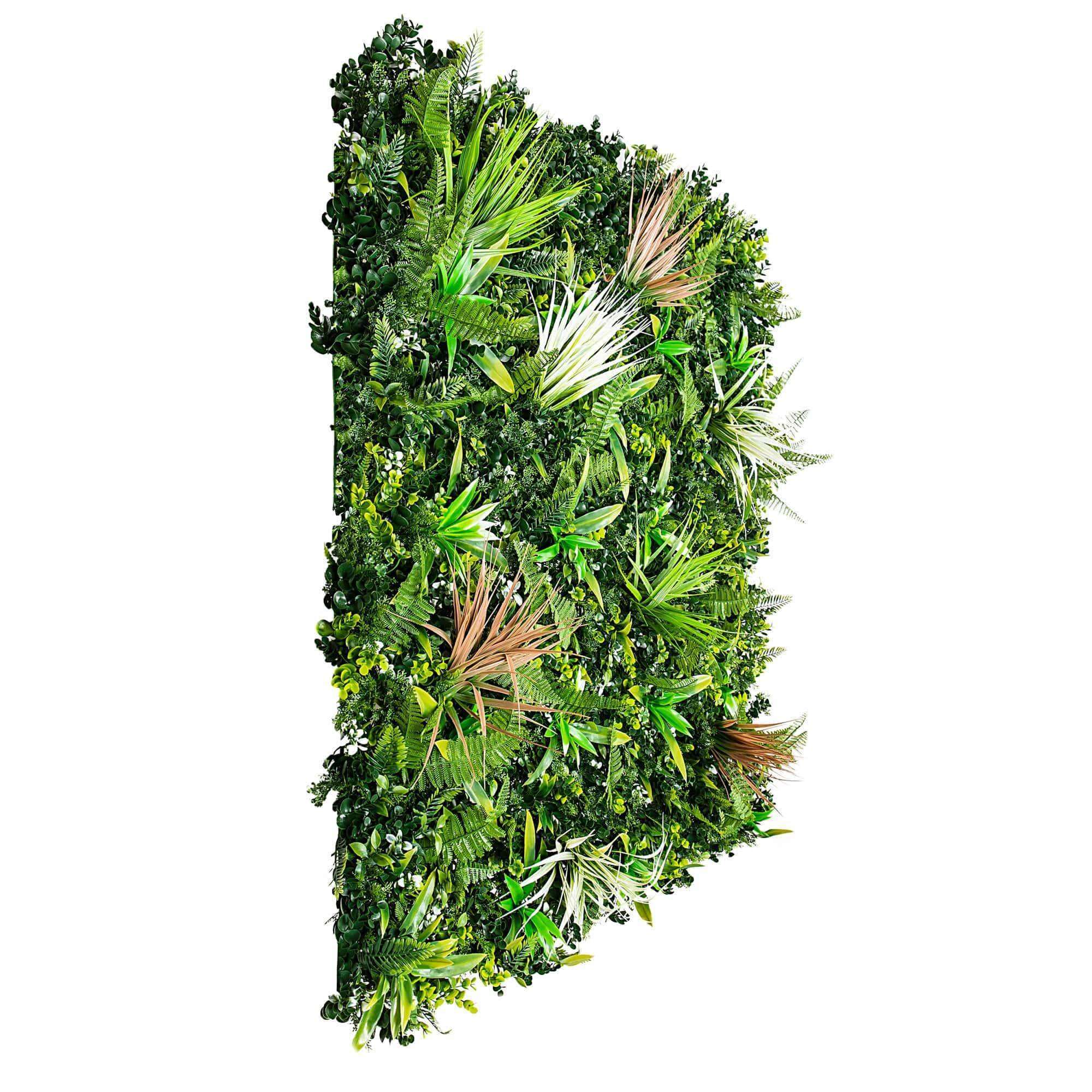 Wild Tropics Artificial Vertical Garden, a lush 1m x 1m green wall featuring vibrant tropical plants, perfect for indoor and outdoor decoration.