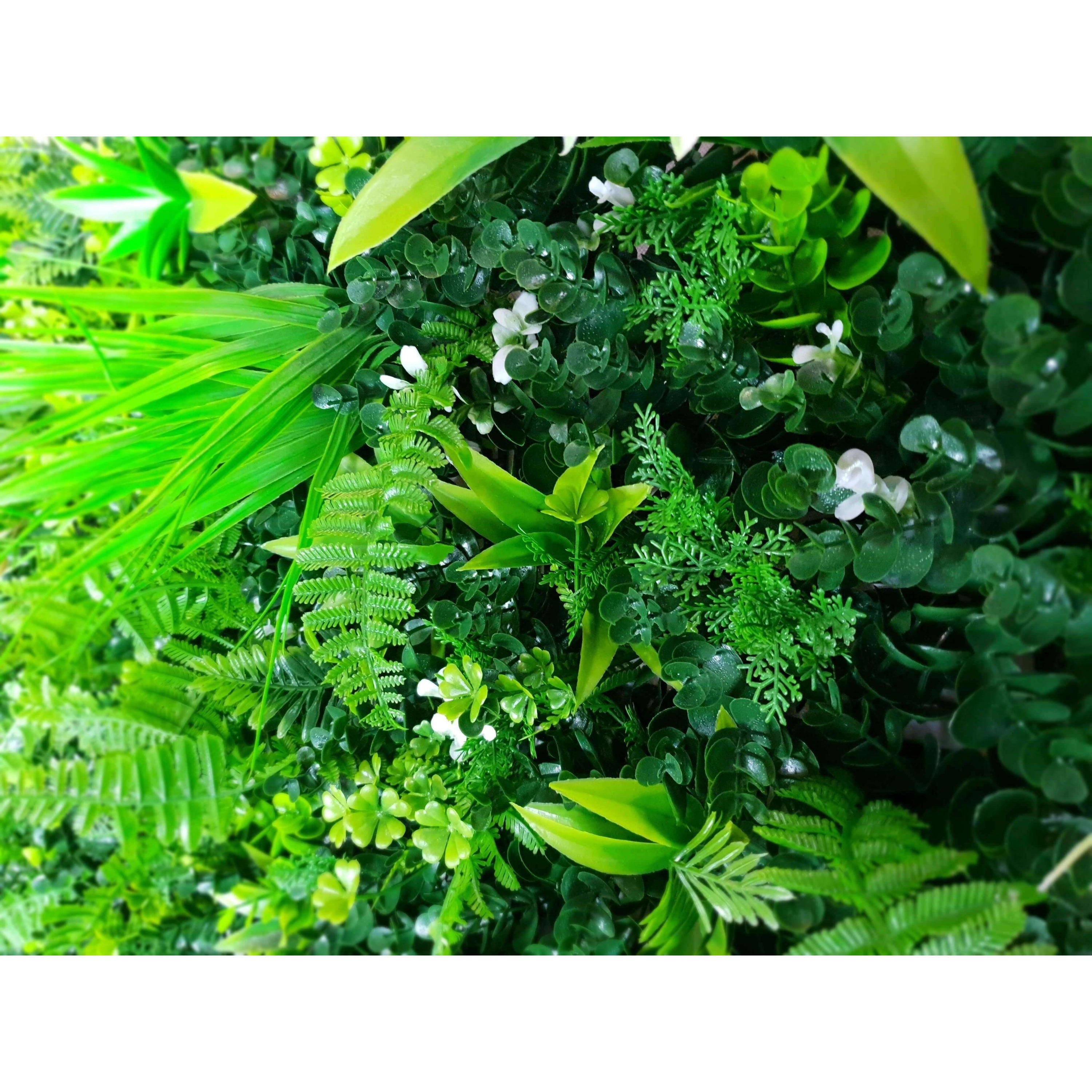 Wild Tropics Artificial Vertical Garden, a lush 1m x 1m green wall featuring vibrant tropical plants, perfect for indoor and outdoor decoration.
