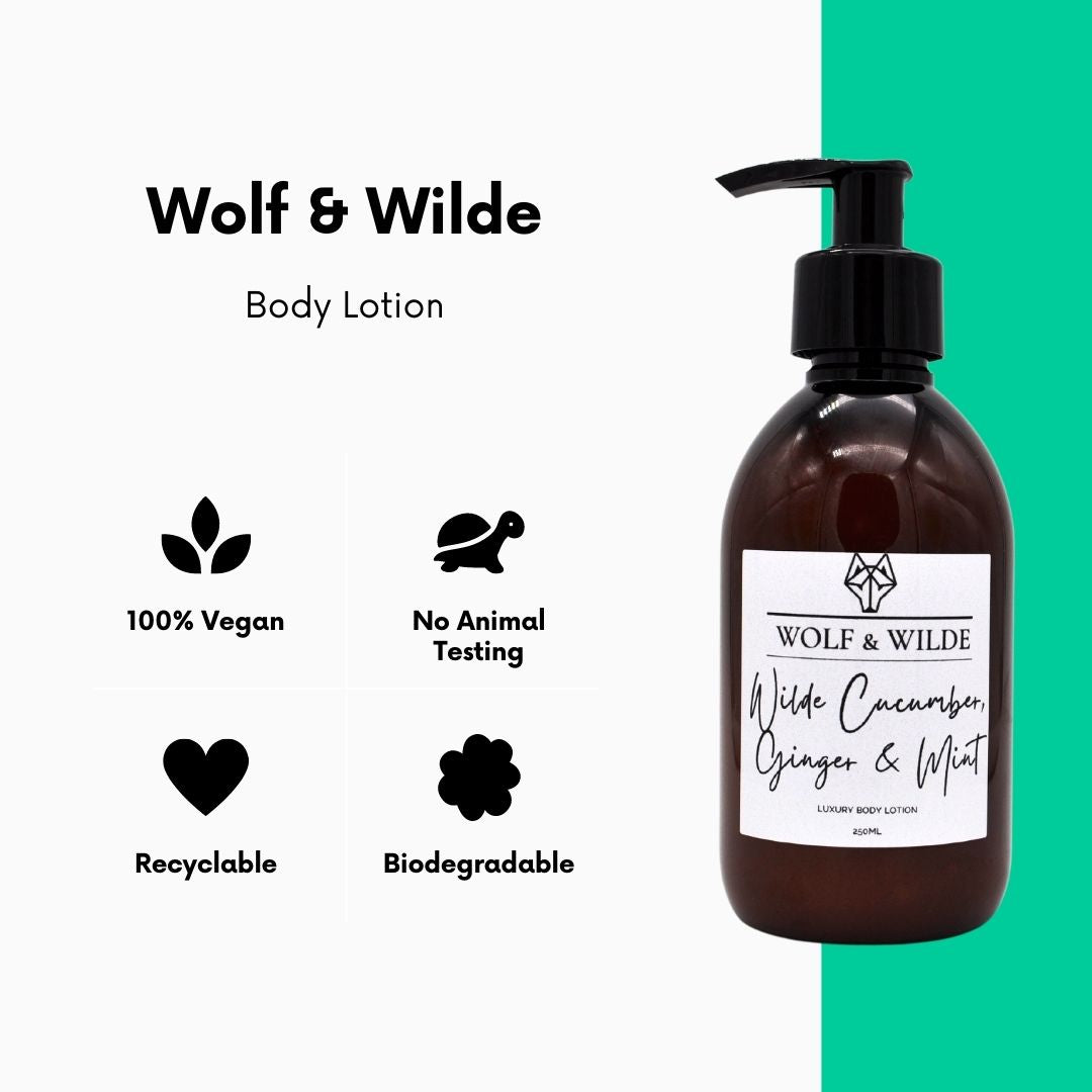 Wilde Cucumber, Ginger & Mint Luxury Body Lotion in a recyclable amber bottle, showcasing its elegant design and vibrant label.