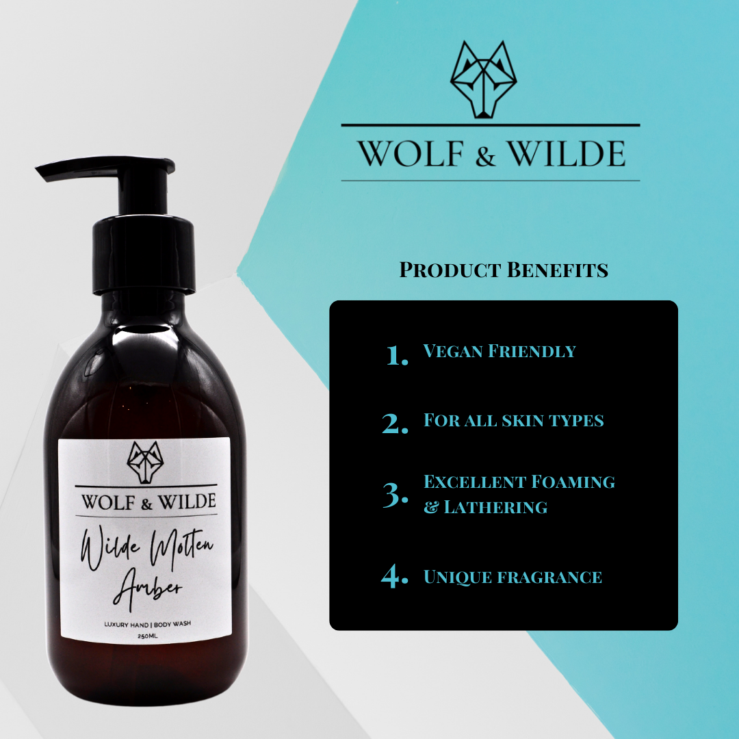 Wilde Molten Amber Luxury 2 In 1 Liquid Soap in a recyclable amber bottle, showcasing its rich, warm color and elegant design.