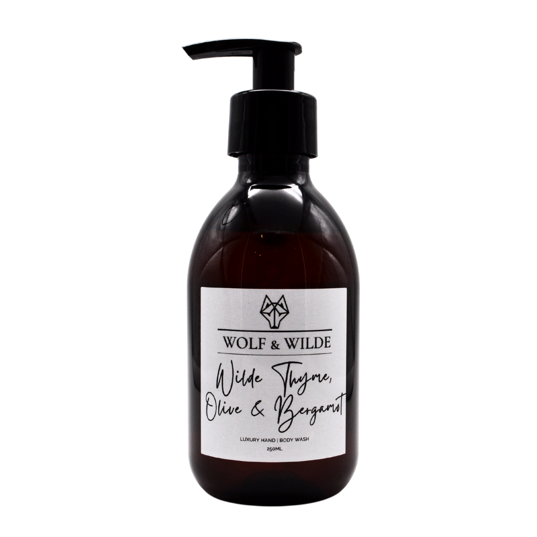 Wilde Thyme, Olive & Bergamot Luxury 2 in 1 Liquid Soap in a recyclable amber bottle, showcasing its elegant design and fresh citrus fragrance.