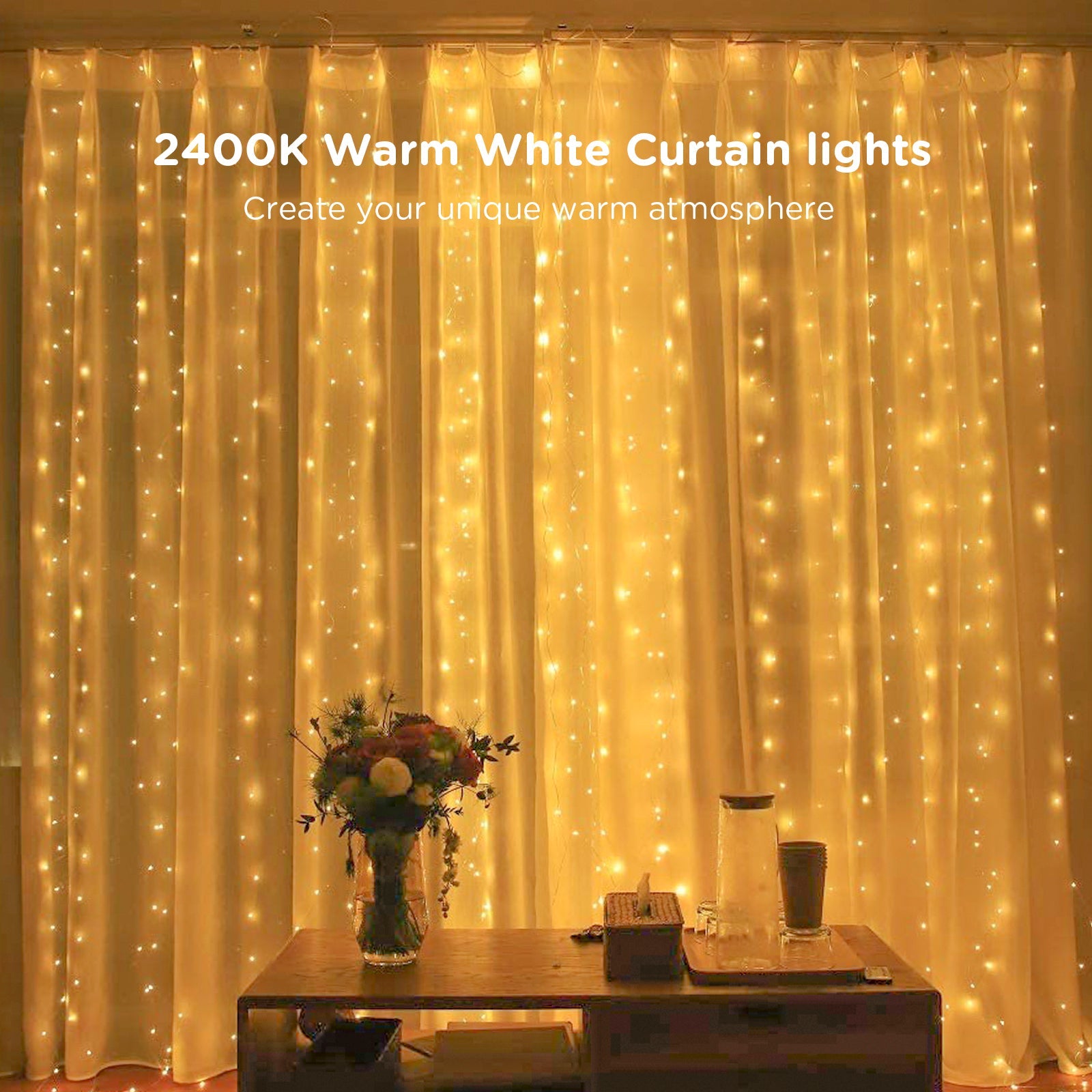 A beautiful display of warm white LED curtain string lights, showcasing 300 lights in a 9.8ft by 9.8ft arrangement, perfect for indoor and outdoor decoration.