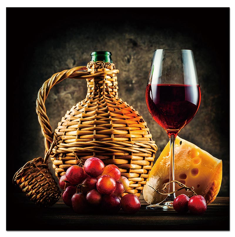 A stunning unframed acrylic print featuring a wine and cheese pairing design, showcasing vibrant colors and a high-gloss finish.